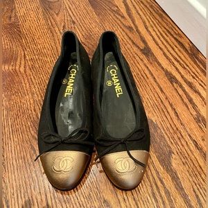 Chanel ballet flats suede leather with gold colored tops .4” heels size 6 US